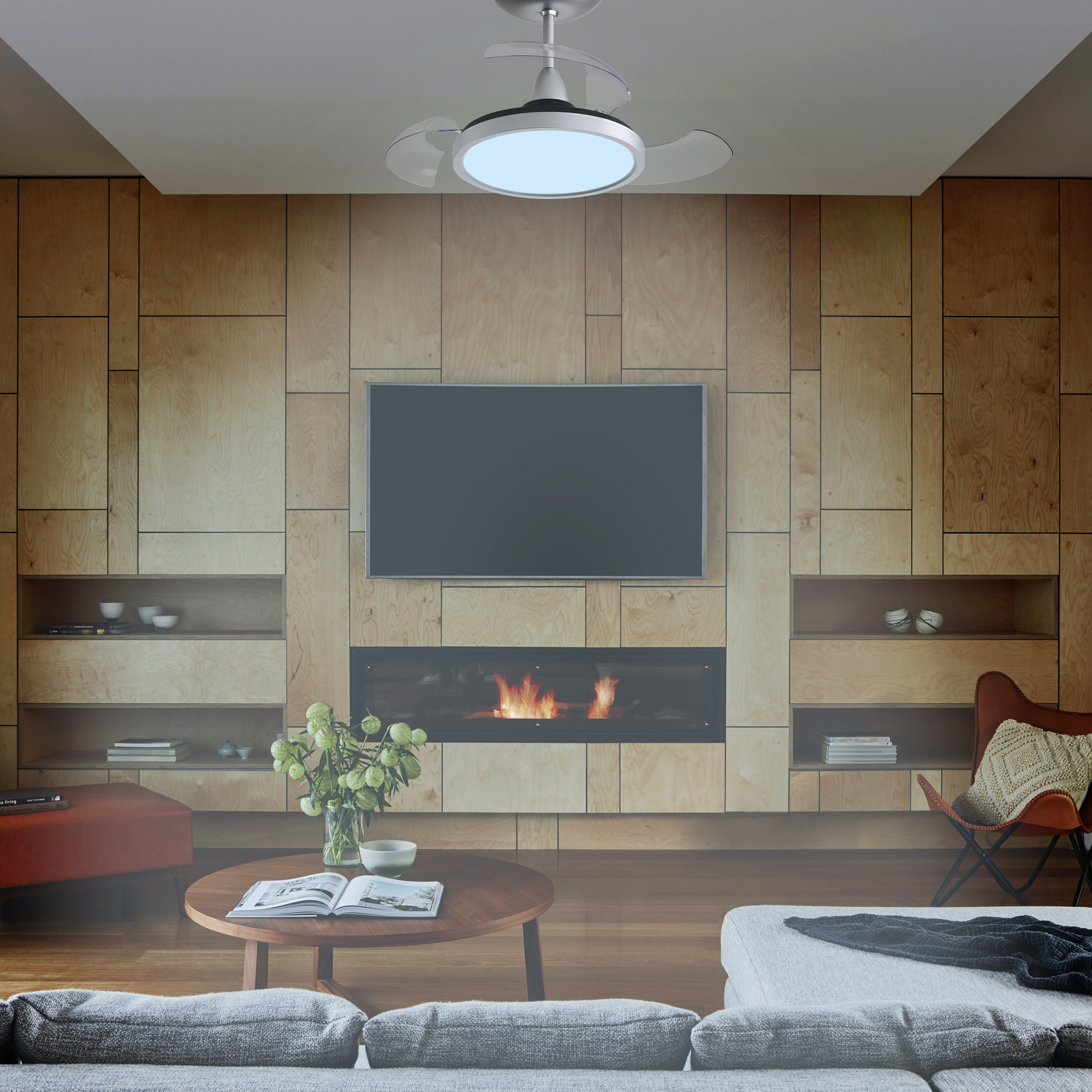 Ventilador de teto Aliseu Retrátil Mid Prata Ambientado Ventilador de teto Aliseu Retrátil Mid Prata Ambientado